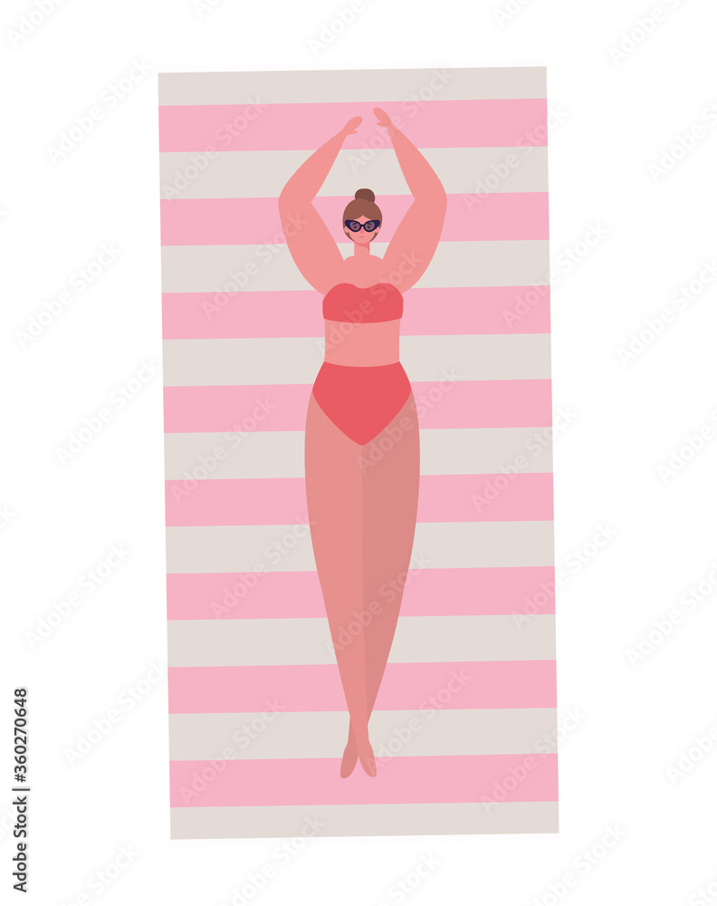 Girl cartoon with bikini and glasses on towel design, Summer vacation tropical relaxation outdoor nature tourism relax lifestyle and paradise theme Vector illustration Girl cartoon with bikini and glasses on towel design, Summer vacation tropical relaxation outdoor nature tourism relax lifestyle and paradise theme Vector illustration