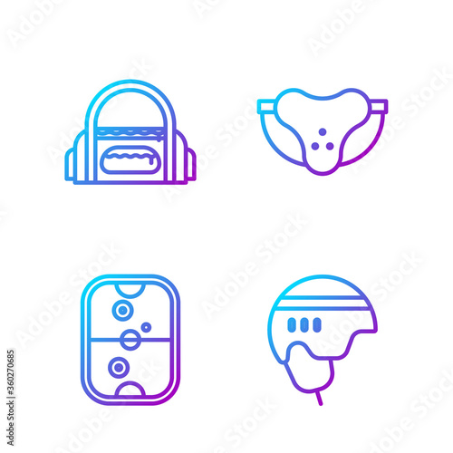 Set line Hockey helmet, Air hockey table, Sport bag and Protective sport jockstrap. Gradient color icons. Vector