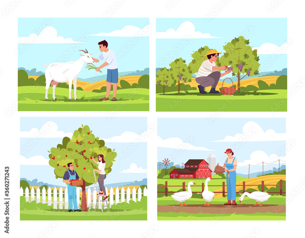 Fototapeta premium Village activities semi flat vector illustration set. Boy feeding milk goat. Apple tree harvest. Farmer pick grape harvest. Geese on ranch. Farmland 2D cartoon characters collection for commercial use