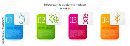 Set line Plum fruit, Leaf or leaves, Barbecue grill and Leaf or leaves. Business infographic template. Vector