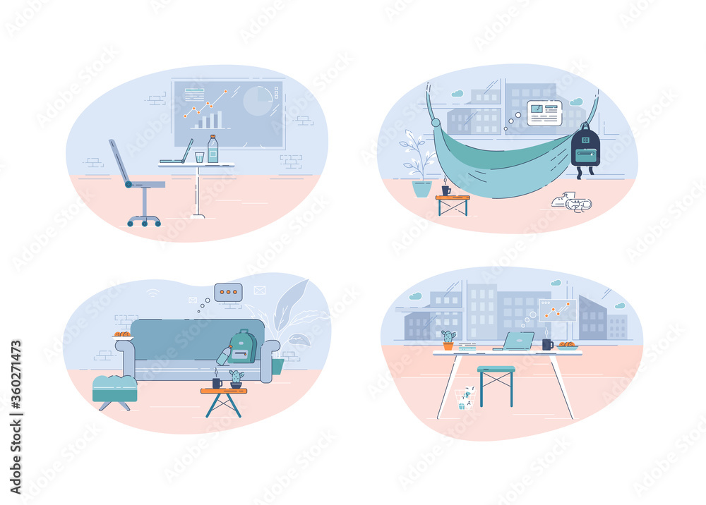 Different workplaces semi flat vector illustration. Modern working ...
