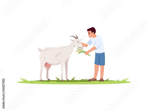 Boy feed goat semi flat RGB color vector illustration. Kid with domestic animal. Farm pet on ground with grass. Farmland wildlife. Child on vacation isolated cartoon character on white background
