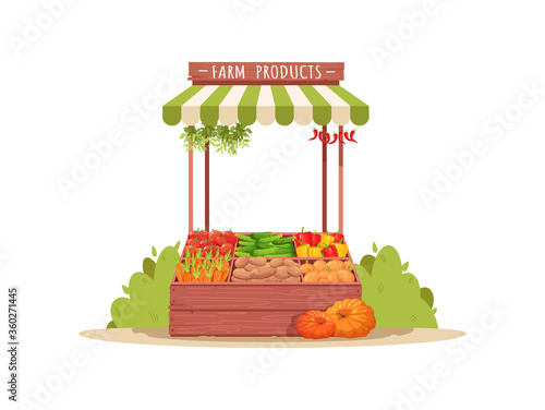 Farm products semi flat RGB color vector illustration. Seasonal harvest for sale on market counter. Fresh crop for trade. Local production of vegetables isolated cartoon object on white background