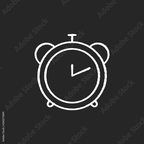 Alarm clock chalk white icon on black background. Retro mechanical watch. Countdown to deadline. Office clock. Analog timepiece. Timer for work. Morning alert. Isolated vector chalkboard illustration
