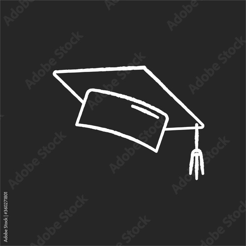 Graduation cap chalk white icon on black background. College mortarboard. University graduate. Student hat. Knowledge and wisdom. Bachelor diploma. Isolated vector chalkboard illustration