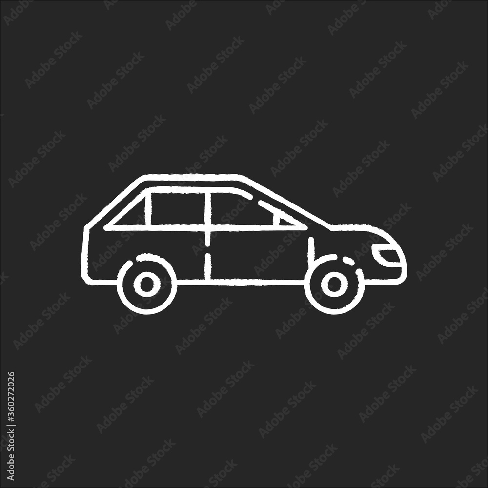 Fototapeta premium Car side view chalk white icon on black background. Automotive vehicle. Modern transportation. Drive in sedan. Taxi for urban trip. Delivery service. Isolated vector chalkboard illustration