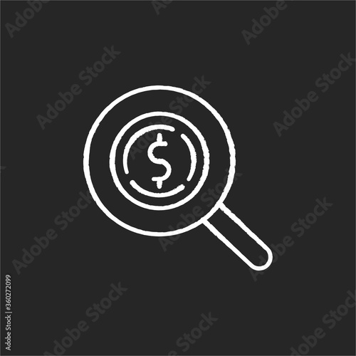 Look for money chalk white icon on black background. Search for investment. Magnifying glass with dollar sign. Monetary gain. Financial operation. Isolated vector chalkboard illustration