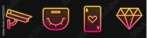 Set line Playing card with heart, Security camera, Poker table and Diamond. Glowing neon icon. Vector