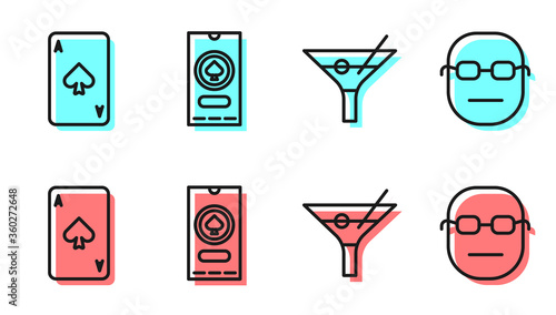 Set line Martini glass, Playing card with spades, Casino poker tournament invitation and Poker player icon. Vector