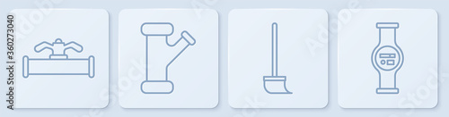 Set line Industry pipe and valve, Mop, Industry metallic pipe and Water meter. White square button. Vector