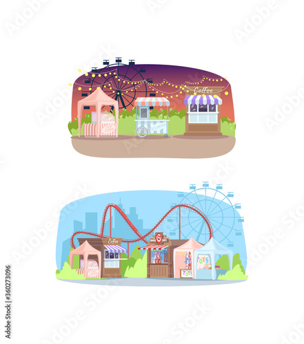 Shopping stalls in amusement park semi flat vector illustrations set. Street fair entertainment, retail kiosks and attractions. Summer festival 2D cartoon backgrounds pack for commercial use