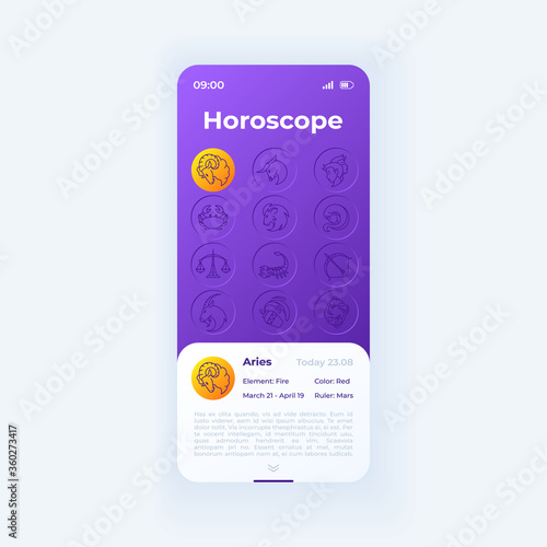 Daily horoscope app smartphone interface vector template. Mobile app page day mode design layout. Taurus birth sign description screen. Flat UI for application. Twelve zodiac signs on phone display