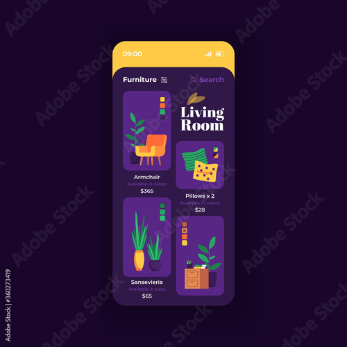 Furniture store app smartphone interface vector template. Mobile app page night mode design layout. Living room interior accessories screen. Flat UI for application. Furniture items on phone display