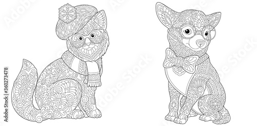 Coloring pages with cat and dog