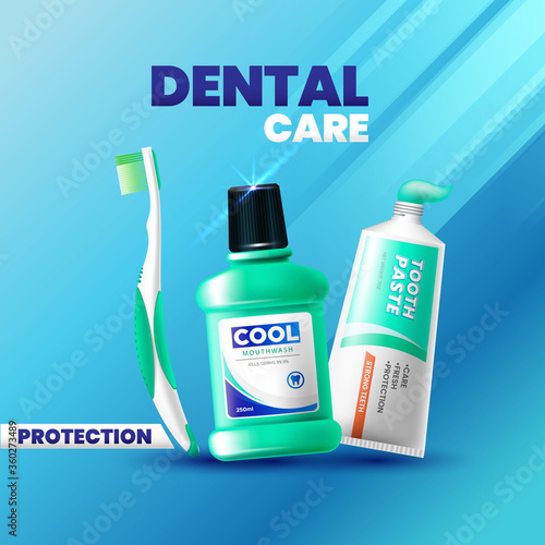Fresh toothpaste, mouthwash and toothbrush advertisement realistic style