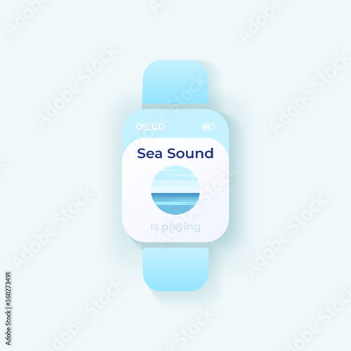 Music player smartwatch interface vector template. Mobile app notification light mode design. Currently playing track on screen. Flat UI for application. Sea icon on smart watch display