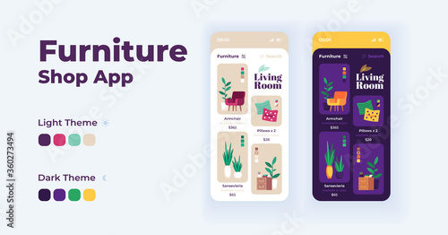 Furniture shop app cartoon smartphone interface vector templates set. Mobile app screen page day mode design. Home interior accessories store UI for application. Phone display with flat illustrations