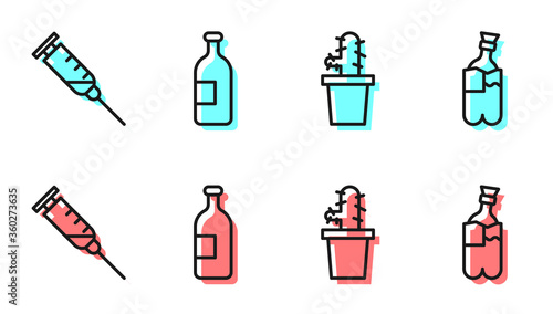 Set line Cactus peyote in pot, Syringe, Alcohol drink bottle and Bong for smoking marijuana icon. Vector