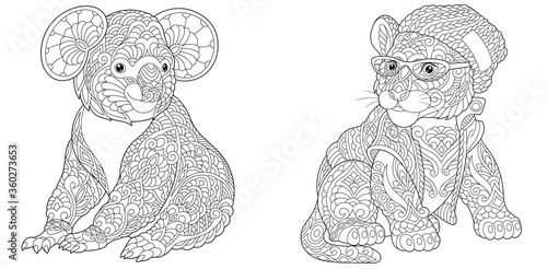 Coloring pages with koala bear and tiger
