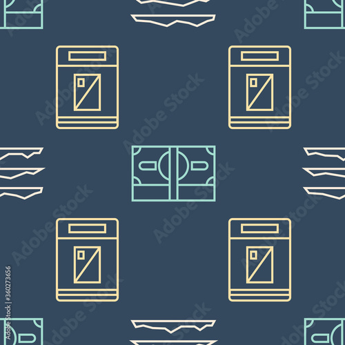 Set line Cocaine or heroin drug, Cigarettes pack box and Stacks paper money cash on seamless pattern. Vector