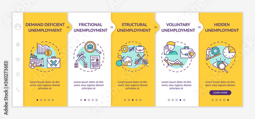 Unemployment types onboarding vector template. Labor market crisis, employment issues, joblessness problem. Responsive mobile website with icons. Webpage walkthrough step screens. RGB color concept