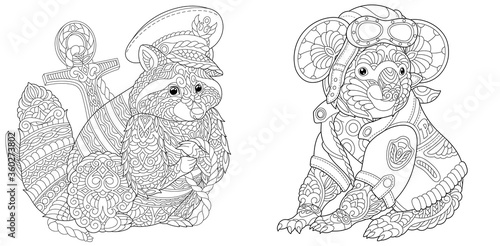 Coloring pages with raccoon and koala bear