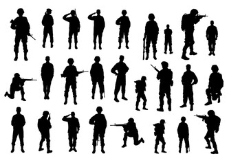 Collage with silhouettes of soldiers on white background. Military service