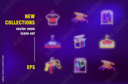 New collection neon signs set. Fashion store arrival, clothes on rack, hanger, shopping. Night bright advertising. Vector illustration in neon style for retail banners, posters, flyer design