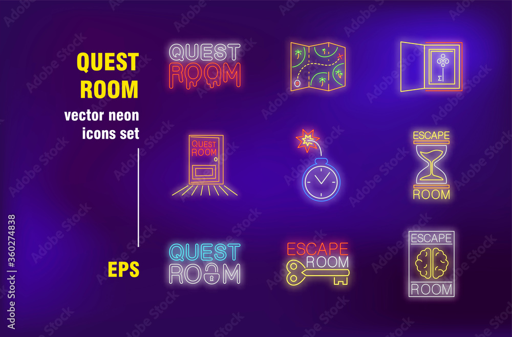 Quest room neon signs set. Entertainment, adventure, map, escape, key ...