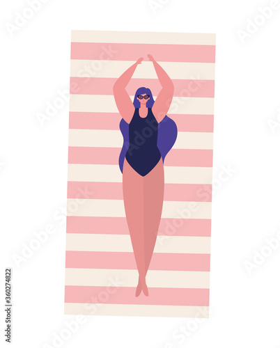Girl cartoon with swimsuit and glasses on towel design, Summer vacation tropical relaxation outdoor nature tourism relax lifestyle and paradise theme Vector illustration