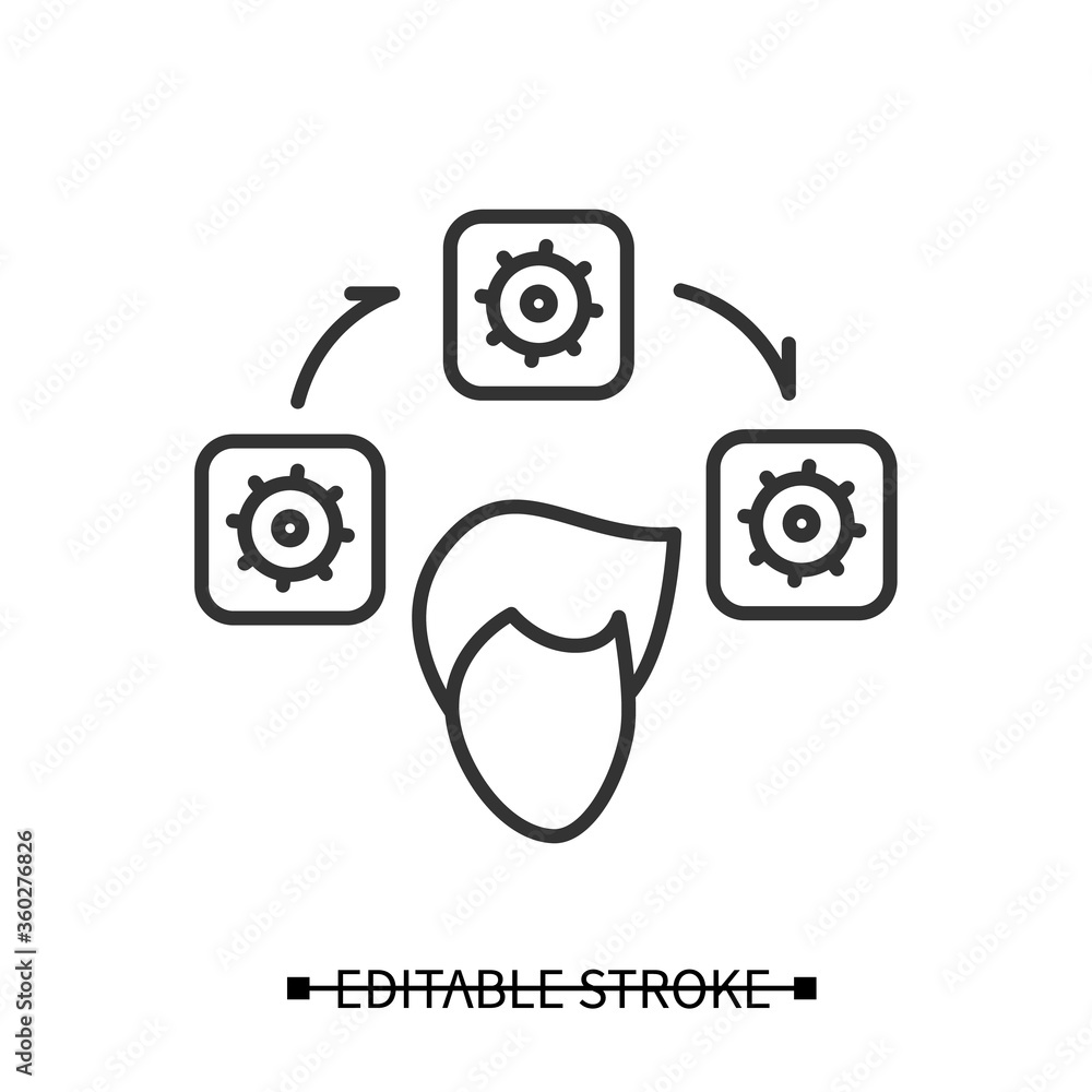 Workflow icon. Person head with block of time tasks linear pictograms with gears. Concept of mind focus, project management and attention concentration. Editable stroke vector illustration. Workflow icon. Person head with block of time tasks linear pictograms with gears. Concept of mind focus, project management and attention concentration. Editable stroke vector illustration.