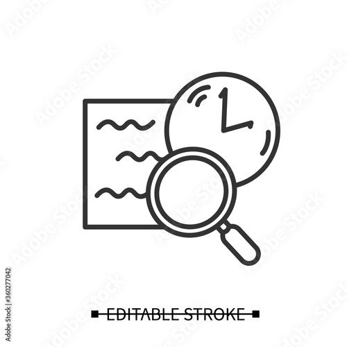 Comprehension icon. Slow reading with magnifier and clock linear pictogram. Concept of attention tracking, information absorption and tracking lack of attention. Editable stroke vector illustration