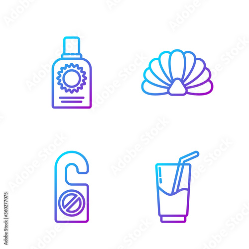 Set line Cocktail and alcohol drink, Please do not disturb, Sunscreen spray bottle and Scallop sea shell. Gradient color icons. Vector