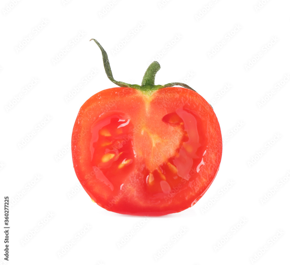 Half of tasty raw tomato isolated on white Half of tasty raw tomato isolated on white
