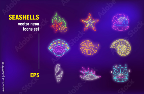 Seashells neon signs set. Shellfish, cockleshell, starfish, pearl, ocean life. Night bright advertising. Vector illustration in neon style for banners, posters, diving flyer design
