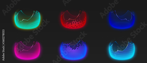 Broken bubble shields, damaged protection force fields. Vector realistic set of safety energy barrier with crack and fracture isolated on black background. Broken defence concept