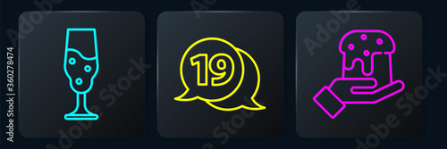 Set line Wine glass, Human hand and easter cake and Speech bubble with happy easter. Black square button. Vector