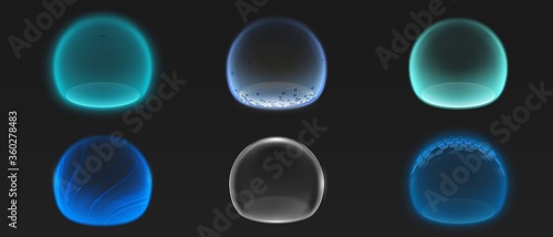 Foto Force shield bubbles, various energy glowing spheres or defense dome fields