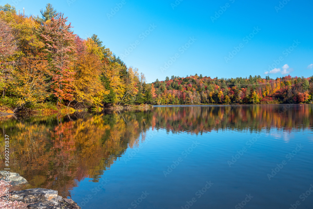 Stunning autumn colours around a mountain lake on a clear fall morning. Reflection in water.