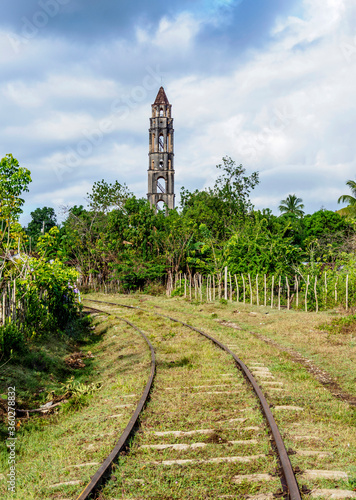 Railroad tracks and Manaca Iznaga Tower, Valle de los Ingenios, Sancti Spiritus Province, Cuba photo