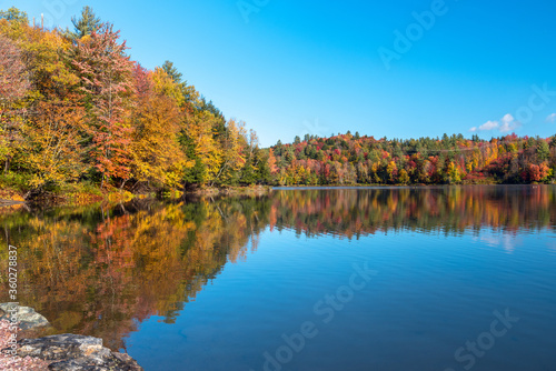 Stunning autumn colours around a mountain lake on a clear fall morning. Reflection in water.