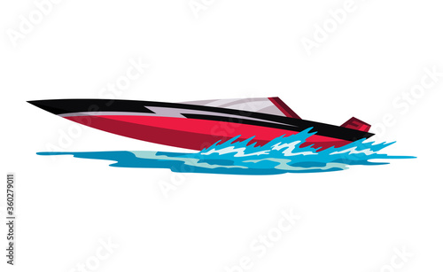 Speed motorboat. Sea or river vehicle. Sport nautical summer transportation. Motorized water vessel on sea water waves. Isolated on white background