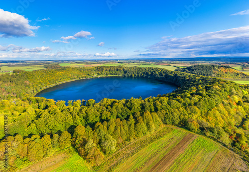 Aerial view on Pulvermaar, Gillenfeld, Eifel, Rhineland-Palatinate, Germany photo