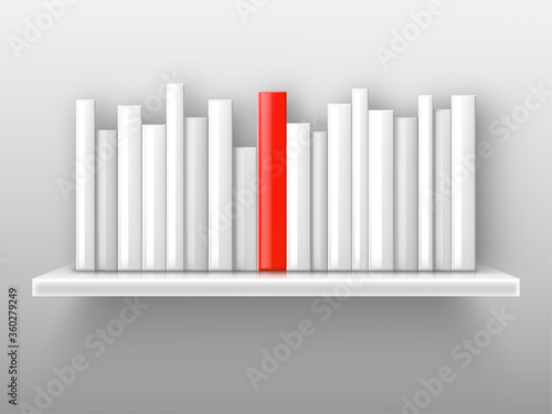 White books and red one on shelf. Concept of unique  lead and difference. Vector realistic illustration of blank books  literature or study texts in library  school or home office