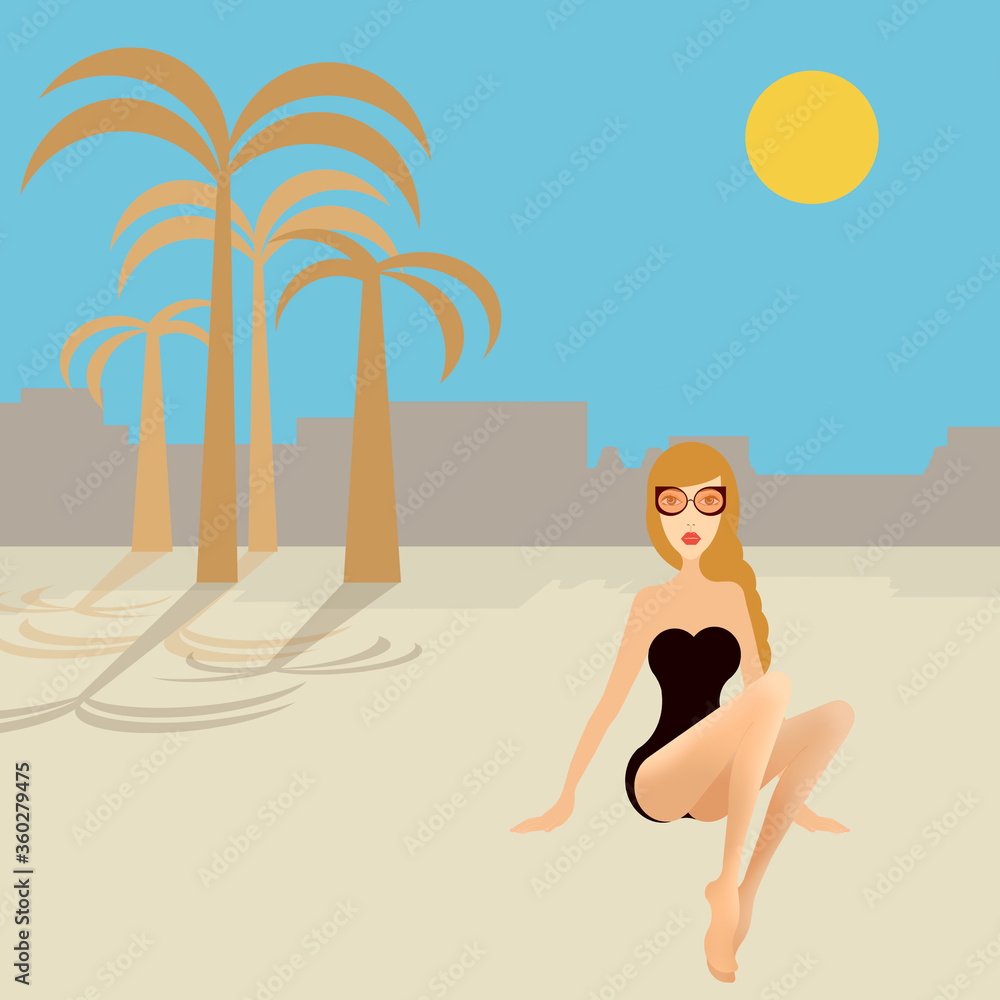 
elegant woman sitting on the sand, relaxing on vacation, palm tree background