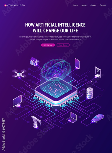 Artificial intelligence banner. Concept of innovation technologies in life. Vector isometric illustration of network, circuit connection of chip with hologram brain and computer, house and car