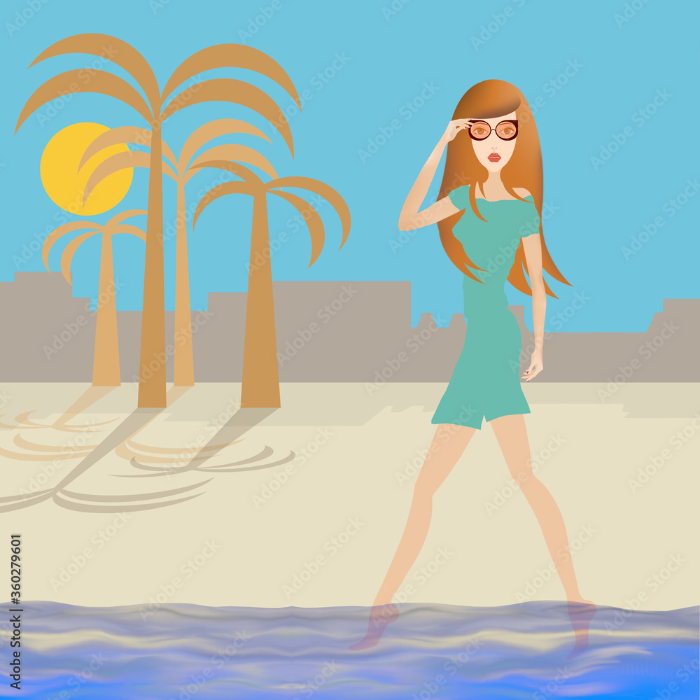 
woman walks on the beach, feet in the water, landscape and palm tree background