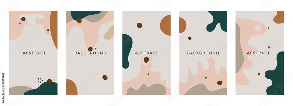 Plakat Abstrakcyjne kształty minimalne tło wektor zestaw. Modny projekt okładki dla postów i historii w mediach społecznościowych, okładki, strony internetowej, zaproszeń i druku.
