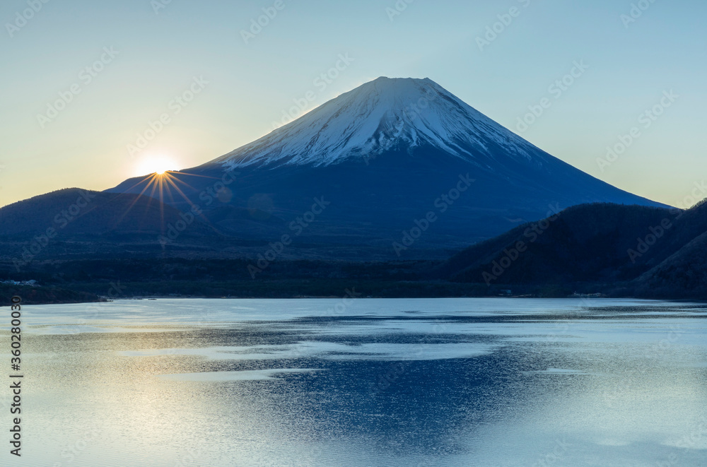 Mount Fuji and Lake Motosu at sunrise, Yamanashi Prefecture, Japan Mount Fuji and Lake Motosu at sunrise, Yamanashi Prefecture, Japan