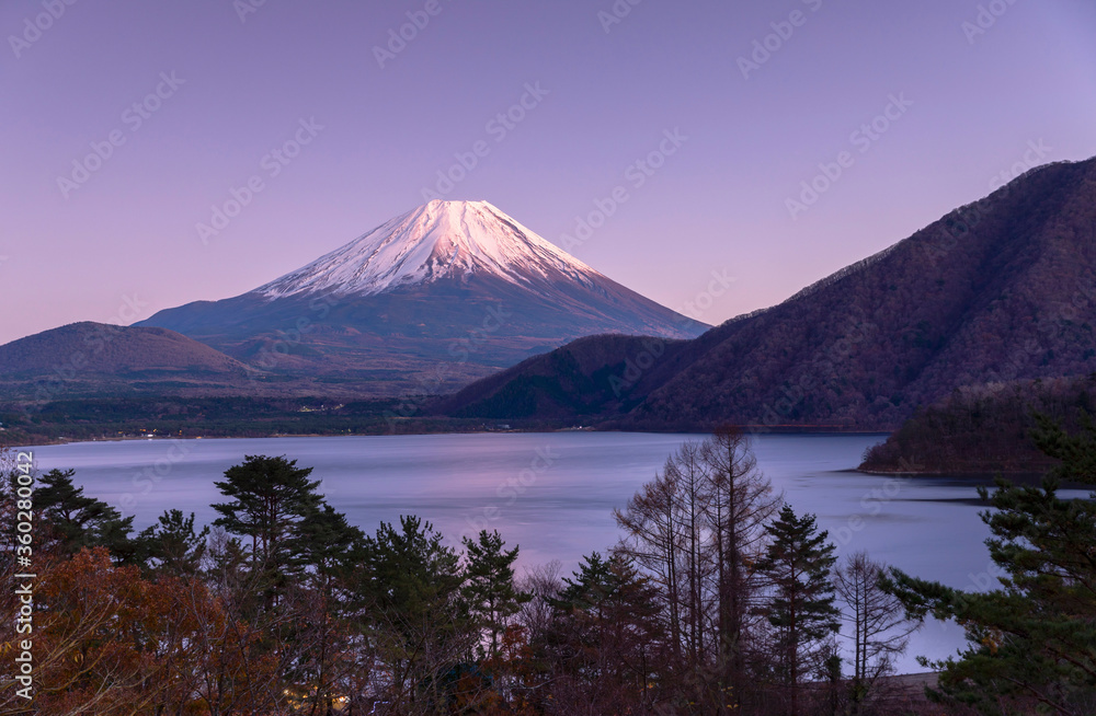 Mount Fuji and Lake Motosu at dusk, Yamanashi Prefecture, Japan Mount Fuji and Lake Motosu at dusk, Yamanashi Prefecture, Japan